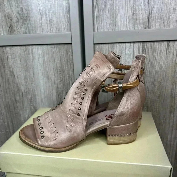 A.S. 98 Sandals Leather Block Heel Studs Ankle Strap Mauve Fair Wind - Picture 3 of 10